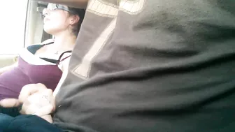 Handjob on the Highway in Car Wife Jerks Off Husband