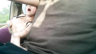 Handjob on the Highway in Car Wife Jerks Off Husband