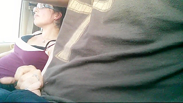 Handjob on the Highway in Car Wife Jerks Off Husband