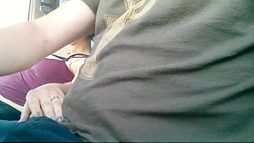 Handjob on the Highway in Car Wife Jerks Off Husband