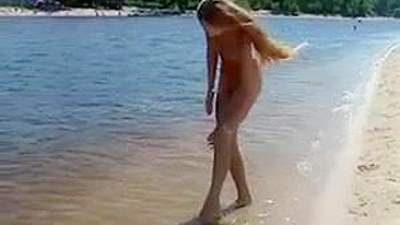 Beautiful, Busty, Tanning Naked Blonde Girl At Beach