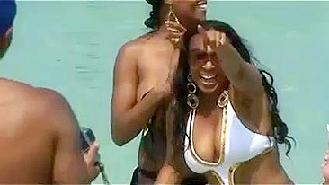 Slinky, Tanned Miami Beach Topless Girl With Sky-High Stilettos Struts
