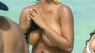 Slinky, Tanned Miami Beach Topless Girl With Sky-High Stilettos Struts