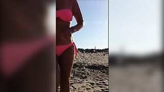 Mature Wife Takes Off Bra for Topless Sunbath at Beach