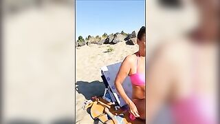 Mature Wife Takes Off Bra for Topless Sunbath at Beach