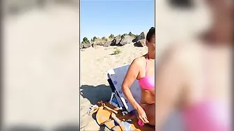 Mature Wife Takes Off Bra for Topless Sunbath at Beach