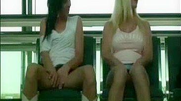 Two Sexually Aroused Women Caressing Their Most Intimate Parts In Public