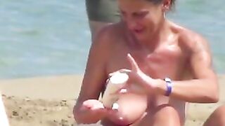 Sensual Sun-Kissed French-Beach, Igneous Topless Mature Woman, Artfully Filmed