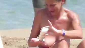 Sensual Sun-Kissed French-Beach, Igneous Topless Mature Woman, Artfully Filmed