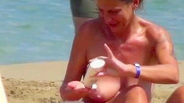 Sensual Sun-Kissed French-Beach, Igneous Topless Mature Woman, Artfully Filmed