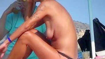 Sensual Sun-Kissed French-Beach, Igneous Topless Mature Woman, Artfully Filmed