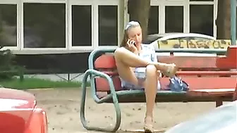 Dirty Russian Girl Showcasing Her Juicy Pussy On A Public Bench