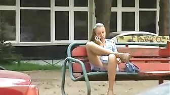 Dirty Russian Girl Showcasing Her Juicy Pussy On A Public Bench
