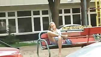 Dirty Russian Girl Showcasing Her Juicy Pussy On A Public Bench