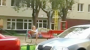 Dirty Russian Girl Showcasing Her Juicy Pussy On A Public Bench