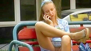 Dirty Russian Girl Showcasing Her Juicy Pussy On A Public Bench