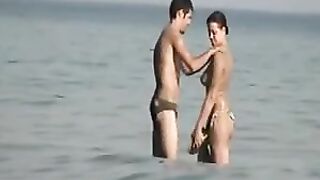 Voyeur Camera at Public Beach Films Busty Girlfriend Cleaning Up