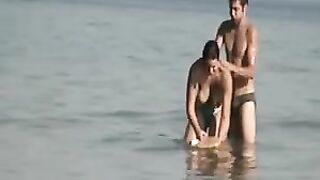 Voyeur Camera at Public Beach Films Busty Girlfriend Cleaning Up