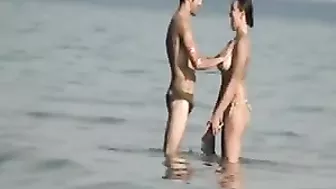 Voyeur Camera at Public Beach Films Busty Girlfriend Cleaning Up