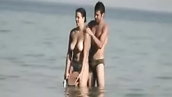 Voyeur Camera at Public Beach Films Busty Girlfriend Cleaning Up