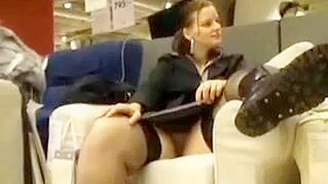 Exhibitionist Girl Playing With Her Vibrator In The Furniture Store