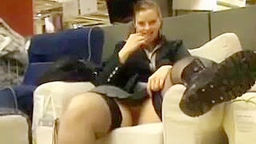 Crazy Exhibitionist Girl Plays With Her Kitty In The Furniture Store