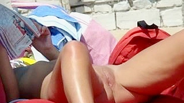 Busty Lady Lay On Beach, Topless Girl's Voyeur Video