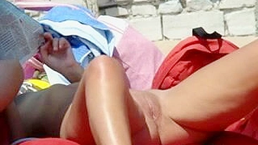 Busty Lady Lay On Beach, Topless Girl's Voyeur Video