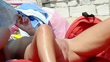 Busty Lady Lay On Beach, Topless Girl's Voyeur Video