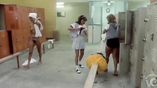 Sneaky son-of-a-bitch catches naked college cheerleaders get undressed in locker room!