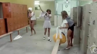 Sneaky son-of-a-bitch catches naked college cheerleaders get undressed in locker room!