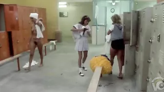 Sneaky son-of-a-bitch catches naked college cheerleaders get undressed in locker room!