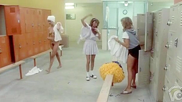 Sneaky son-of-a-bitch catches naked college cheerleaders get undressed in locker room!