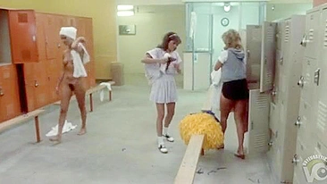 Sneaky son-of-a-bitch catches naked college cheerleaders get undressed in locker room!