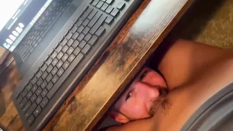Cunt-licker under the table licking the pussy of the sneaky slut's while she is at work via Zoom!