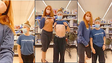 Mom and Daughter Flash Their Tits on Camera in the Supermarket