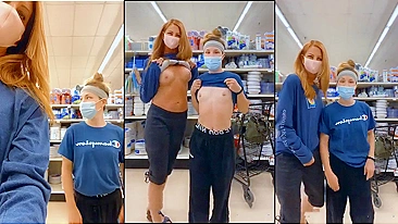 Mom and Daughter Flash Their Tits on Camera in the Supermarket