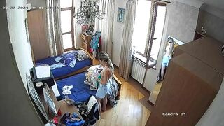 Hidden cam in my sister's room finally caught how she nearly naked in only panties having fun