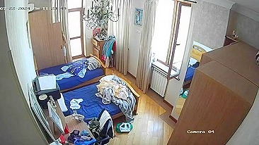 Hidden cam in my sister's room finally caught how she nearly naked in only panties having fun