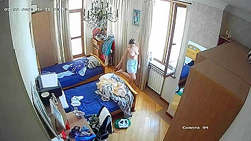 Hidden cam in my sister's room finally caught how she nearly naked in only panties having fun