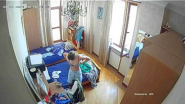 Hidden cam in my sister's room finally caught how she nearly naked in only panties having fun