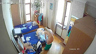 Hidden cam in my sister's room finally caught how she nearly naked in only panties having fun