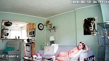 Nude Mom Teases Her Clitor  Until Orgasm On Couch,  Caught On Hidden IP Camera