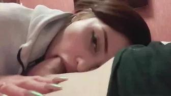 Blowjob from a brunette showing a horny girl who deepthroats like a thot