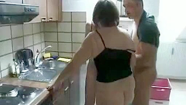 Standing FFM fucking in the kitchen with a horny trio of horny folks