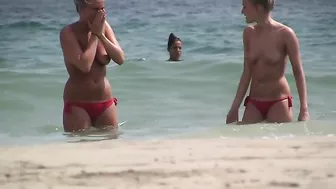 Sister vacation teasing with lots of amazing topless shots on the beach