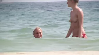 Sister vacation teasing with lots of amazing topless shots on the beach