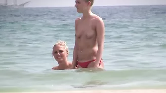 Sister vacation teasing with lots of amazing topless shots on the beach