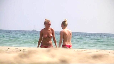 Sister vacation teasing with lots of amazing topless shots on the beach