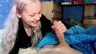 With his firm cock in her hands, this sister is pretty damn happy